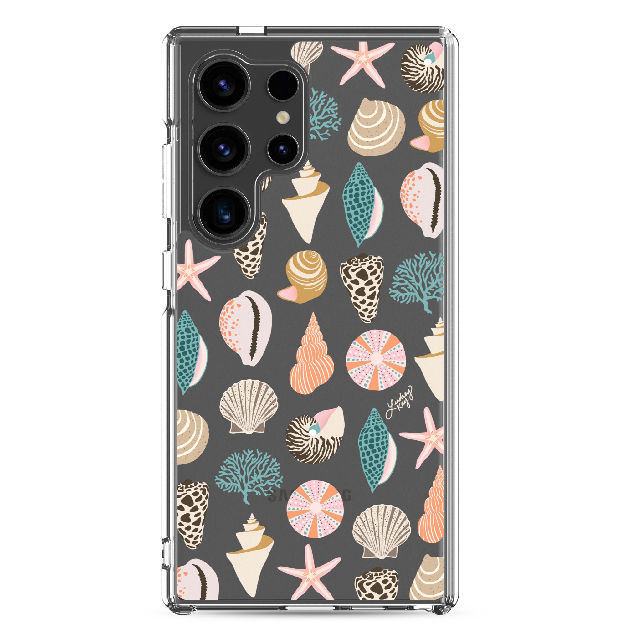 Clear durable Samsung phone case with a colorful seashell pattern, perfect for any trendy girl who loves the ocean. Original design by Lindsey Kay Collective.